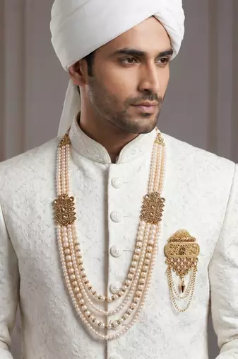   groom sherwani necklace moti mala layered for wedding | groom mala with brooch set
