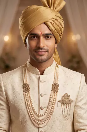   groom sherwani necklace moti mala layered for wedding | groom mala with brooch set