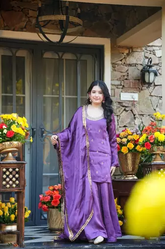 Women's Beautiful Embroidery Work Silk Crepe Fabric Straight Kurta Palazzo and Dupatta Set