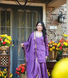 Women's Beautiful Embroidery Work Silk Crepe Fabric Straight Kurta Palazzo and Dupatta Set