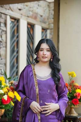 Women's Beautiful Embroidery Work Silk Crepe Fabric Straight Kurta Palazzo and Dupatta Set 2