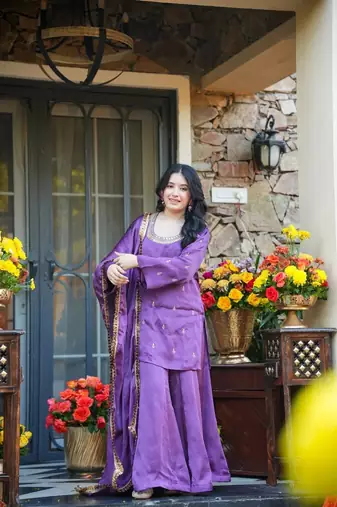 Women's Beautiful Embroidery Work Silk Crepe Fabric Straight Kurta Palazzo and Dupatta Set