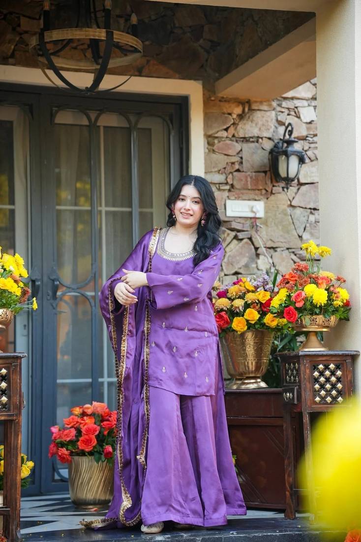 Women's Beautiful Embroidery Work Silk Crepe Fabric Straight Kurta Palazzo and Dupatta Set
