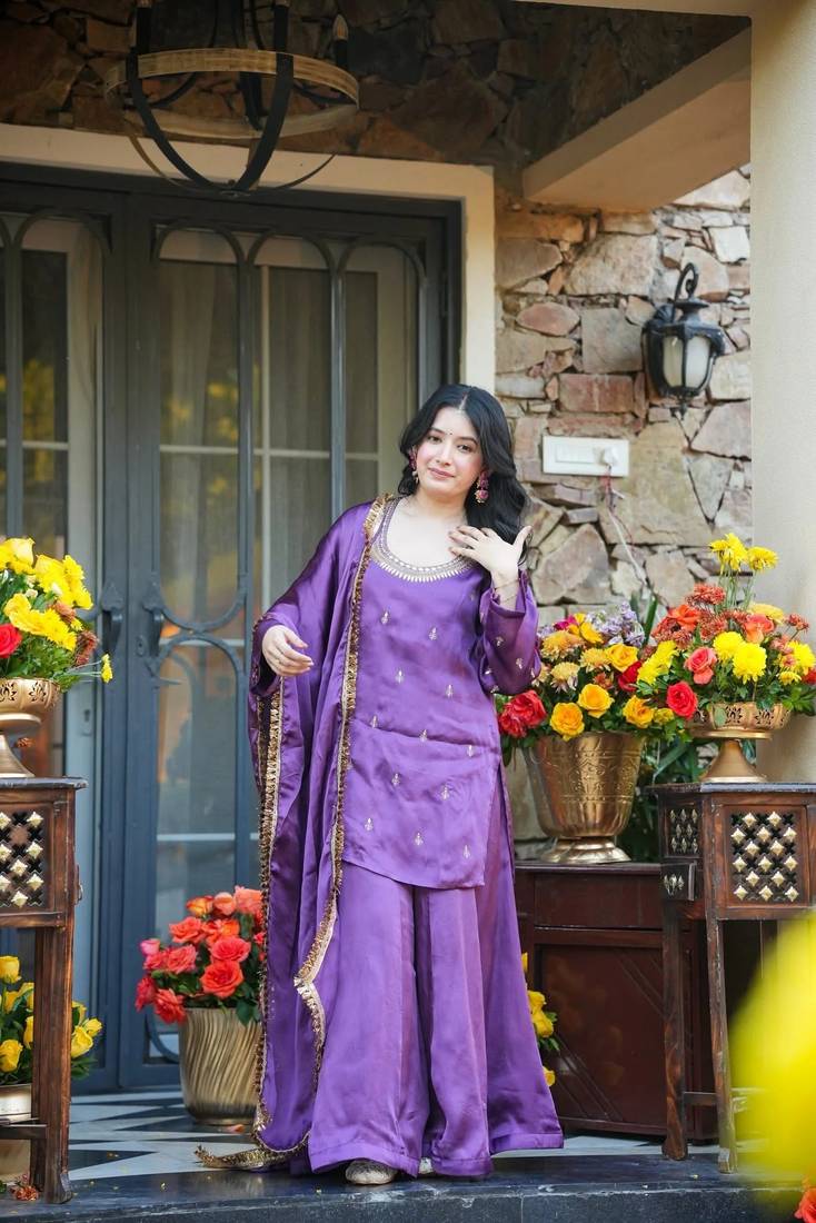 Women's Beautiful Embroidery Work Silk Crepe Fabric Straight Kurta Palazzo and Dupatta Set