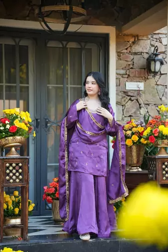Women's Beautiful Embroidery Work Silk Crepe Fabric Straight Kurta Palazzo and Dupatta Set
