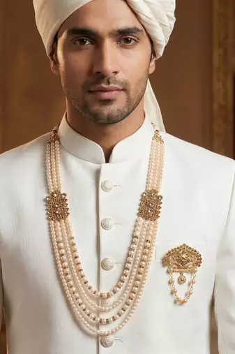   groom sherwani necklace moti mala layered for wedding | groom mala with brooch set