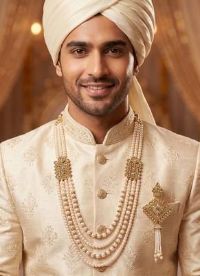   groom sherwani necklace moti mala layered for wedding | groom mala with brooch set 6