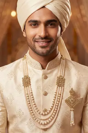   groom sherwani necklace moti mala layered for wedding | groom mala with brooch set