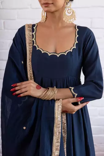 Navy blue scallop border anarkali kurta set for women