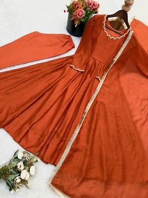Rust orange solid anarkali kurta with pants and dupatta set 2