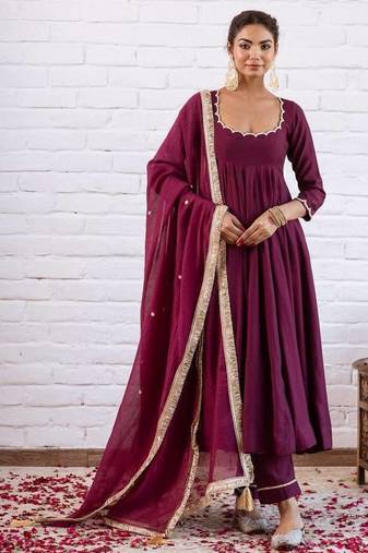 Wine solid silk blend anarkali suit with pants and dupatta