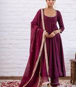 Wine solid silk blend anarkali suit with pants and dupatta