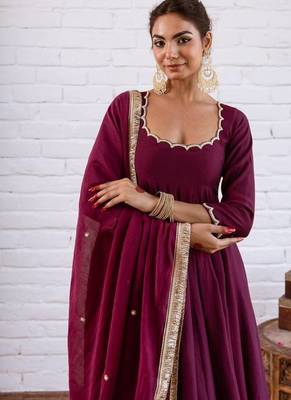 Wine solid silk blend anarkali suit with pants and dupatta 2