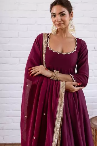 Wine solid silk blend anarkali suit with pants and dupatta