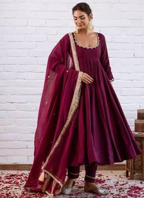 Wine solid silk blend anarkali suit with pants and dupatta 3