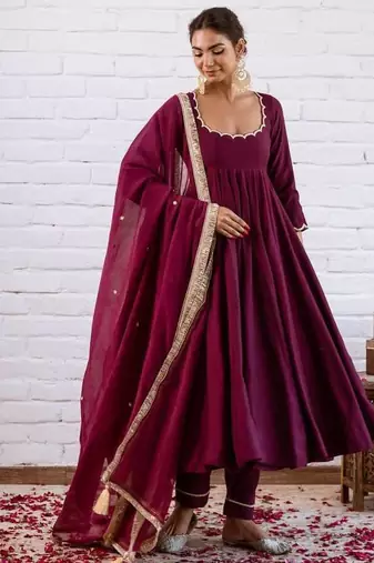 Wine solid silk blend anarkali suit with pants and dupatta
