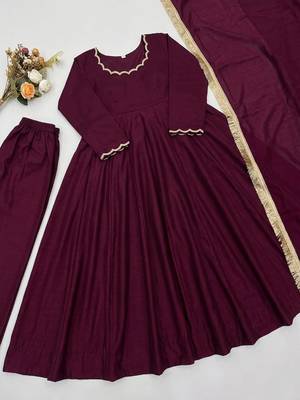 Wine solid silk blend anarkali suit with pants and dupatta 4