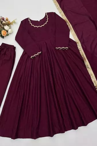 Wine solid silk blend anarkali suit with pants and dupatta