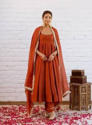 Rust orange solid anarkali kurta with pants and dupatta set 3