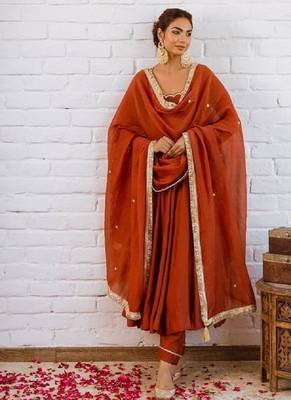 Rust orange solid anarkali kurta with pants and dupatta set 4