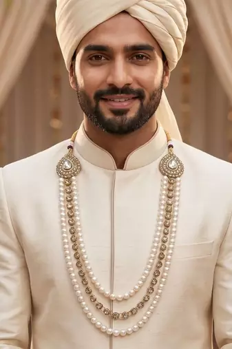   pearl beads dulha groom sherwani mala for   for wedding | layered mala | perfect for groom
