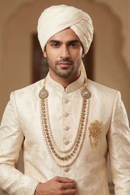   groom sherwani necklace layered moti mala for wedding | groom mala with brooch set 6