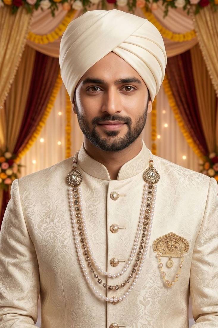   groom sherwani necklace layered moti mala for wedding | groom mala with brooch set
