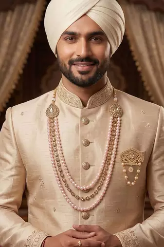   groom sherwani necklace layered moti mala for wedding | groom mala with brooch set