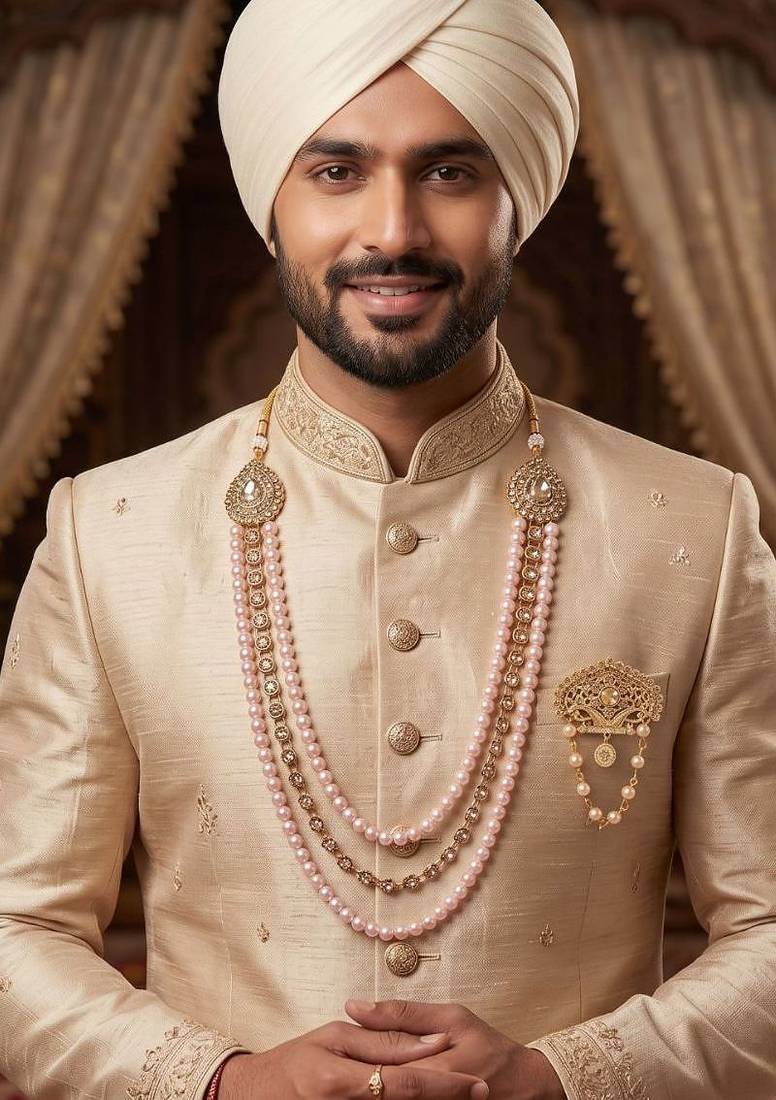   groom sherwani necklace layered moti mala for wedding | groom mala with brooch set