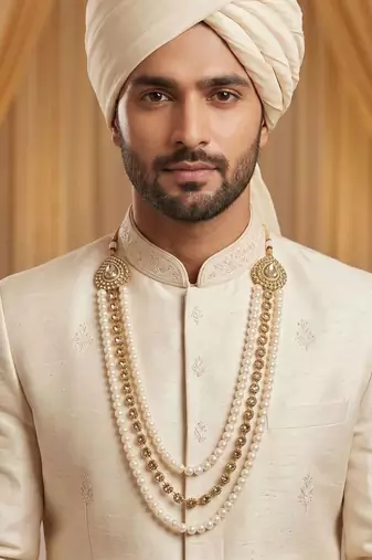   pearl beads dulha groom sherwani mala for   for wedding | layered mala | perfect for groom