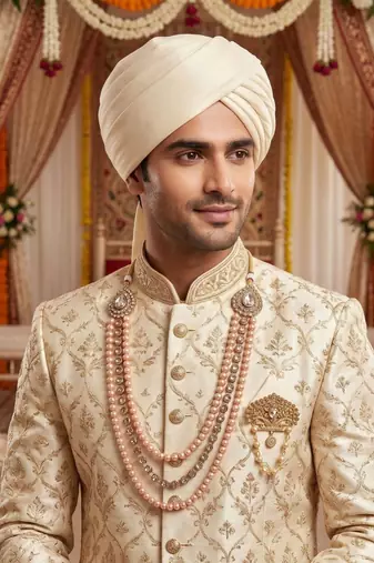   groom sherwani necklace moti mala layered for wedding | groom mala with brooch set