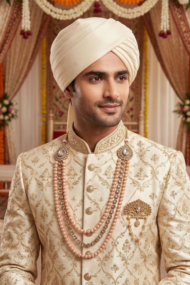   groom sherwani necklace moti mala layered for wedding | groom mala with brooch set