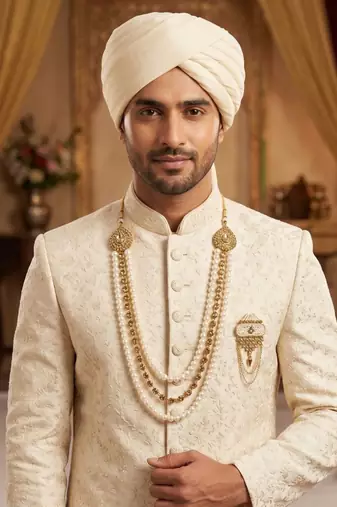  groom sherwani necklace moti mala layered for wedding | groom mala with brooch set