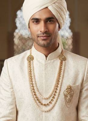   groom sherwani necklace moti mala layered for wedding | groom mala with brooch set 6