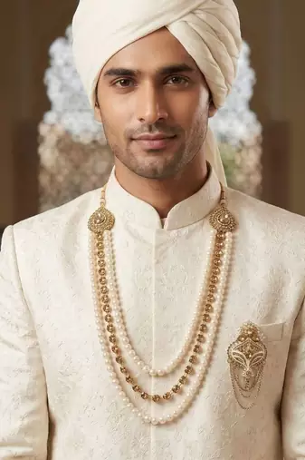   groom sherwani necklace moti mala layered for wedding | groom mala with brooch set