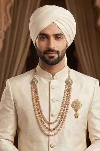   groom sherwani necklace moti mala layered for wedding | groom mala with brooch set