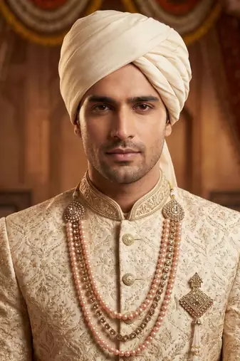   groom sherwani necklace moti mala layered for wedding | groom mala with brooch set