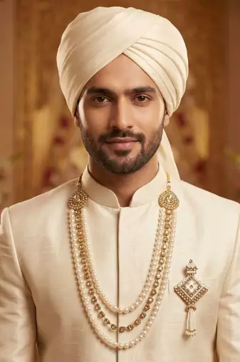   groom sherwani necklace moti mala layered for wedding | groom mala with brooch set