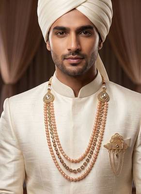   groom sherwani necklace moti mala layered for wedding | groom mala with brooch set 6
