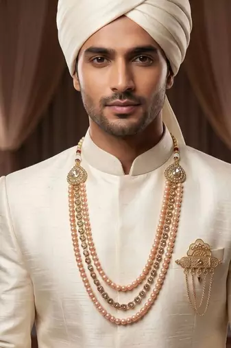   groom sherwani necklace moti mala layered for wedding | groom mala with brooch set