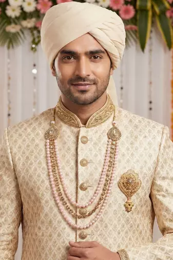   groom sherwani necklace layered moti mala for wedding | groom mala with brooch set