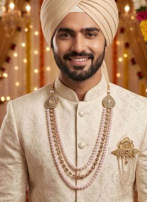   groom sherwani necklace layered moti mala for wedding | groom mala with brooch set 6