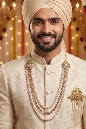   groom sherwani necklace layered moti mala for wedding | groom mala with brooch set
