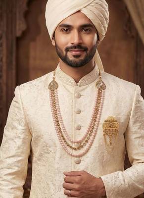   groom sherwani necklace layered moti mala for wedding | groom mala with brooch set 6