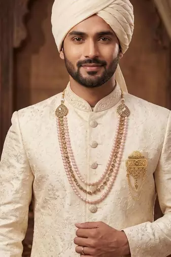   groom sherwani necklace layered moti mala for wedding | groom mala with brooch set