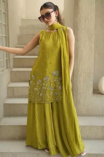 Women's Beautiful Embroidery Work French Crepe Fabric Straight Kurta Sharara and Dupatta Set