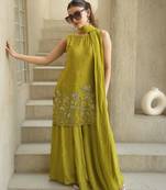 Women's Beautiful Embroidery Work French Crepe Fabric Straight Kurta Sharara and Dupatta Set