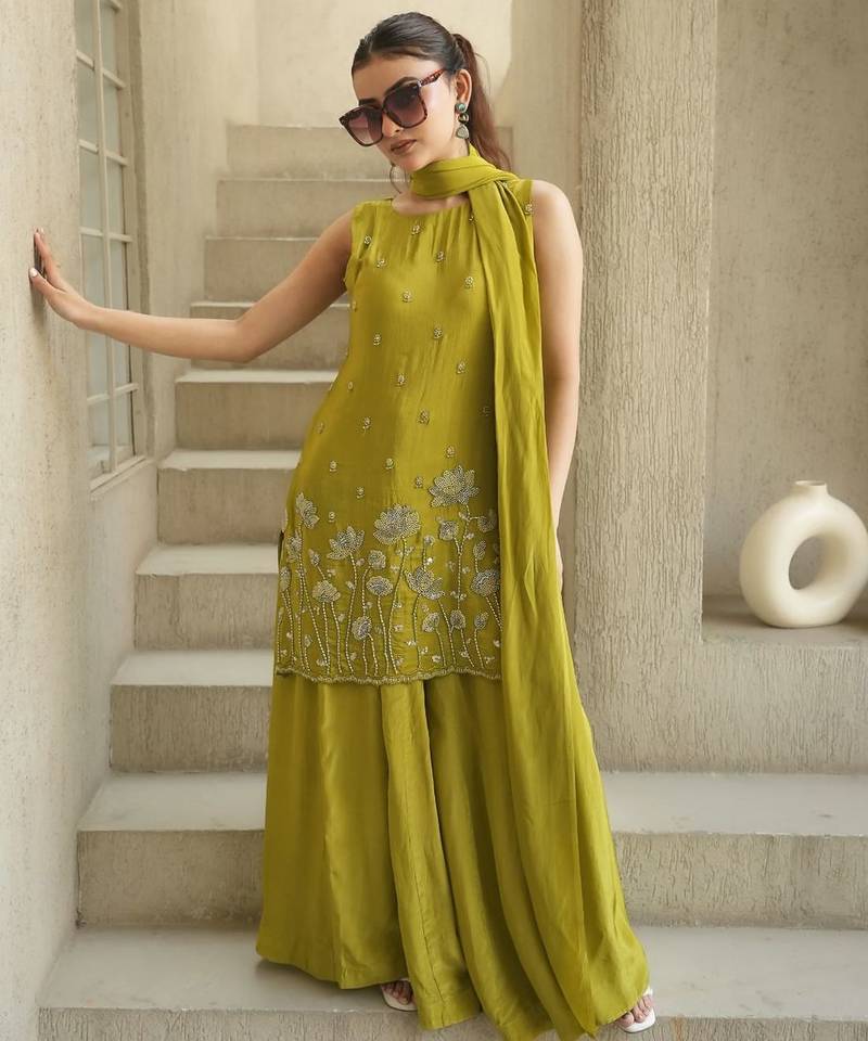 Women's Beautiful Embroidery Work French Crepe Fabric Straight Kurta Sharara and Dupatta Set