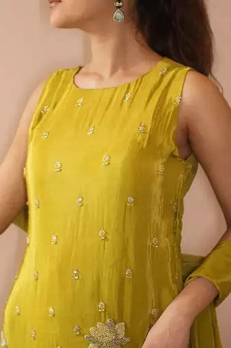 Women's Beautiful Embroidery Work French Crepe Fabric Straight Kurta Sharara and Dupatta Set