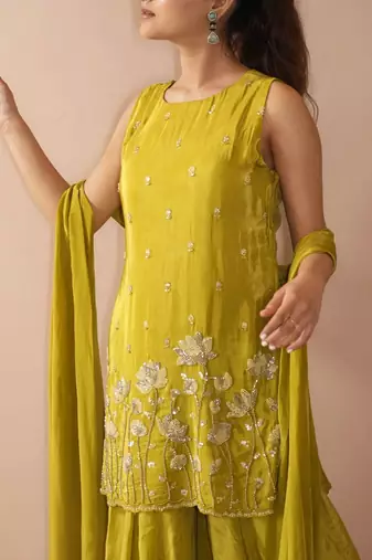 Women's Beautiful Embroidery Work French Crepe Fabric Straight Kurta Sharara and Dupatta Set